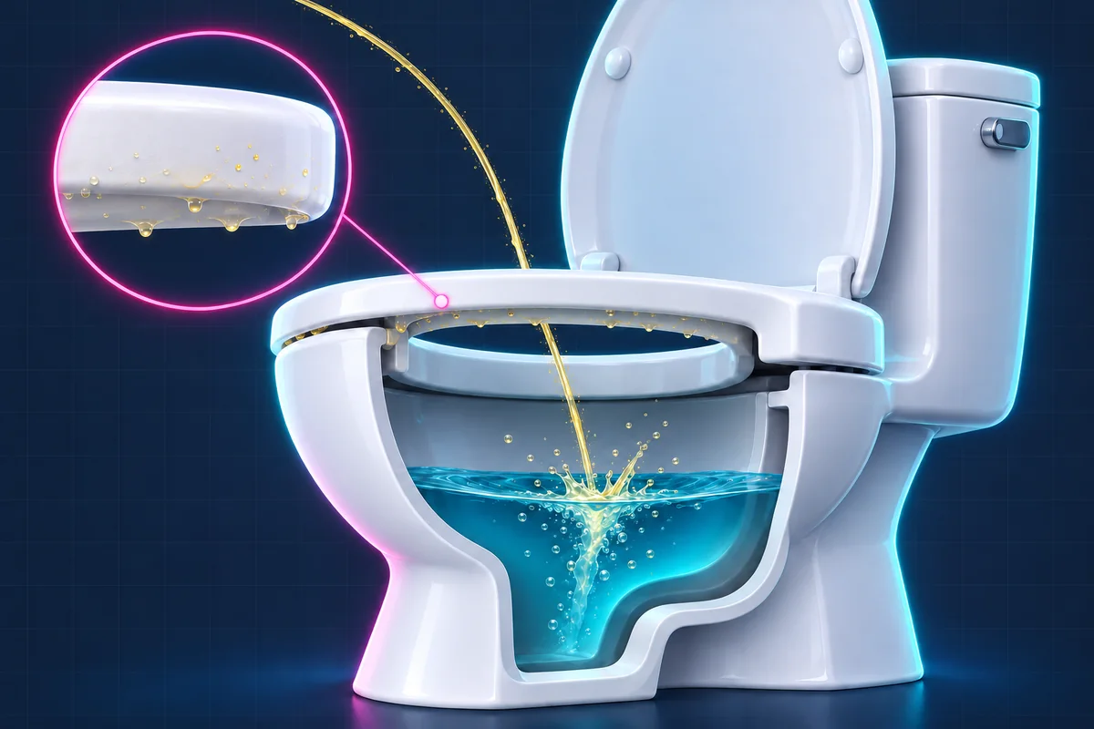 Toilet cutaway showing a stream through the opening, with droplets beneath the seat magnified.